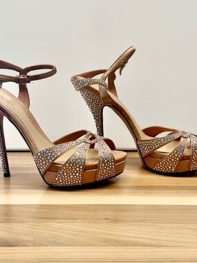 Gucci Tan Rhinestone Platform Heels